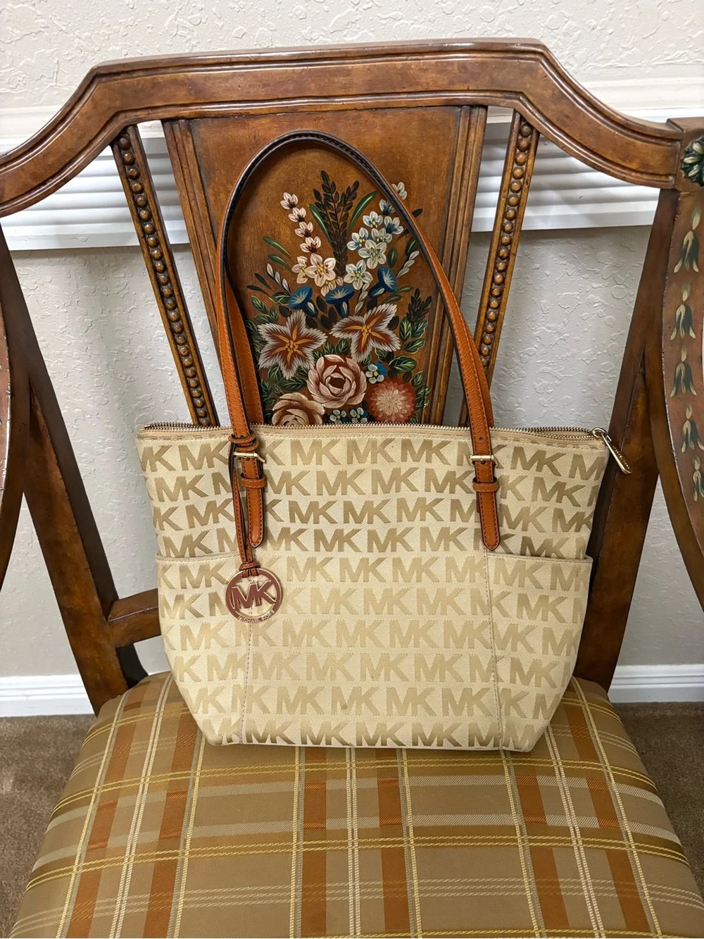 Michael Kors Cream Signature MK Tote with Tan Leather Straps